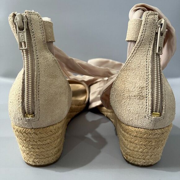 UGG Trina Jute Suede Wedge Tan Espadrille Ankle Ribbon Tie Sandals Size 6.5 - Picture 9 of 13